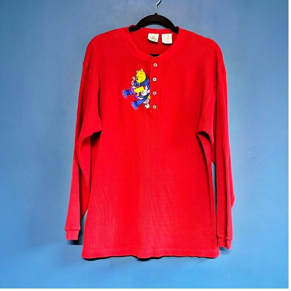 Vintage Winnie The Pooh Henley Shirt Women's Size Large Red Thermal Disney Cocoa
